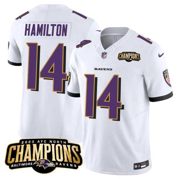 Men & Women & Youth Baltimore Ravens #14 Kyle Hamilton White 2023 F.U.S.E. AFC North Champions Vapor Limited Jersey,We sell and wholesale Men & Women & Youth Baltimore Ravens #14 Kyle Hamilton White 2023 F.U.S.E. AFC North Champions Vapor Limited Jersey on line form chian!